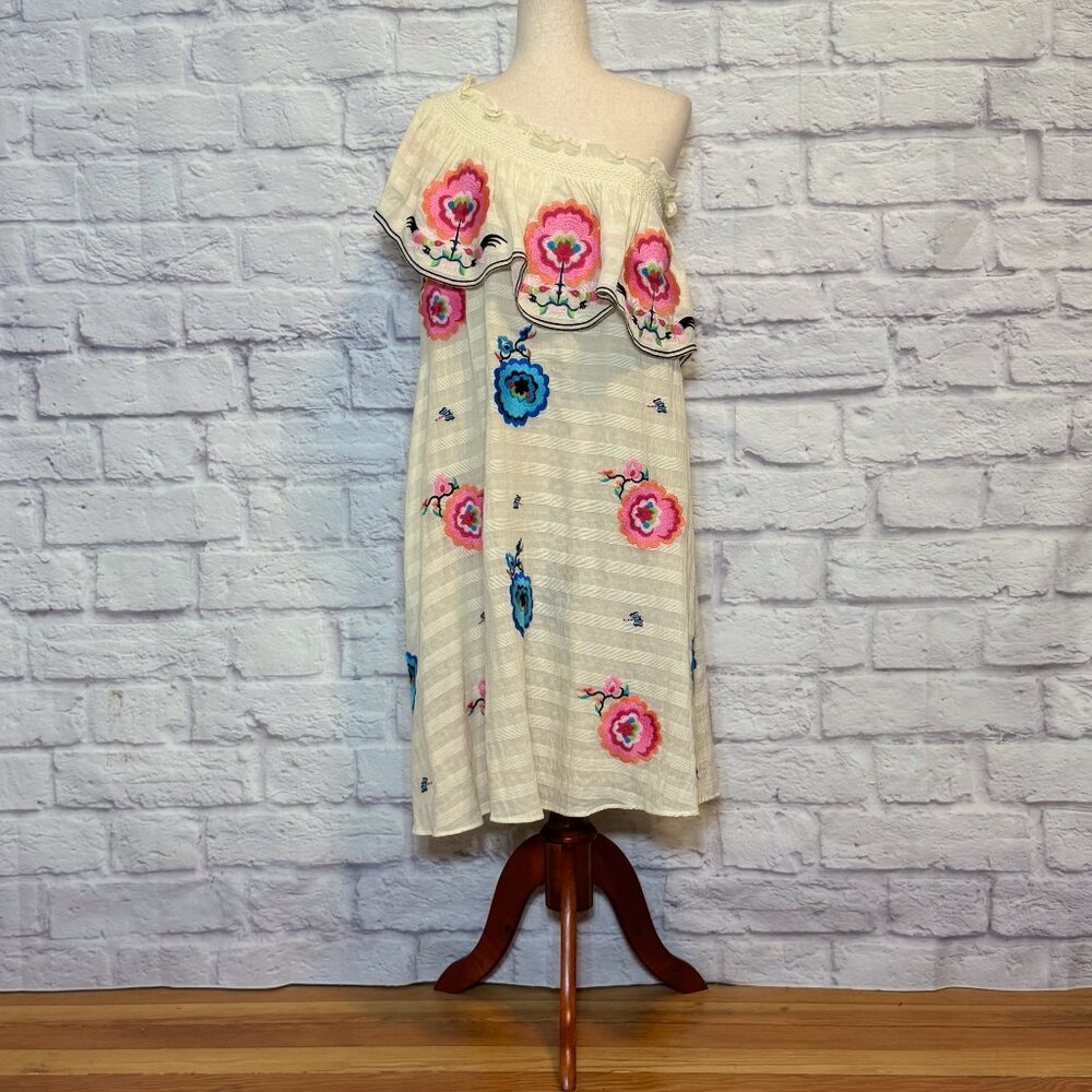 Anthropologie Plenty by Tracy Reese Cream Embroidered Floral One Shoulder Dress - Picture 1 of 6